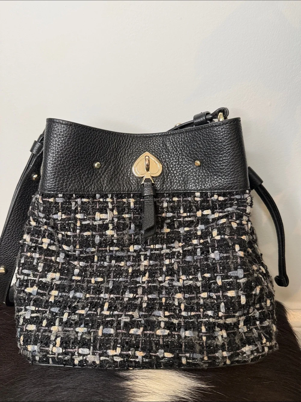 kate spade Marti Black Tweed Pebbled Leather Bucket Shoulder Bag